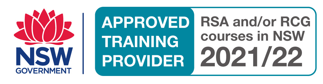 RSA RCG_Logo_2022 NSW Government logo with the words " Approved Training Provider, RSA and/or RCG courses in NSW 2021/22"