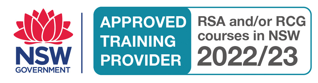 NSW Government logo with the words " Approved Training Provider, RSA and/or RCG courses in NSW 2021/22"