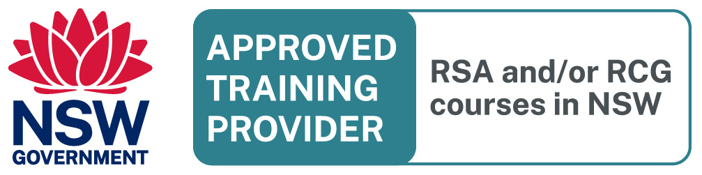 NSW Government logo with the words " Approved Training Provider, RSA and/or RCG courses in NSW 2021/22"